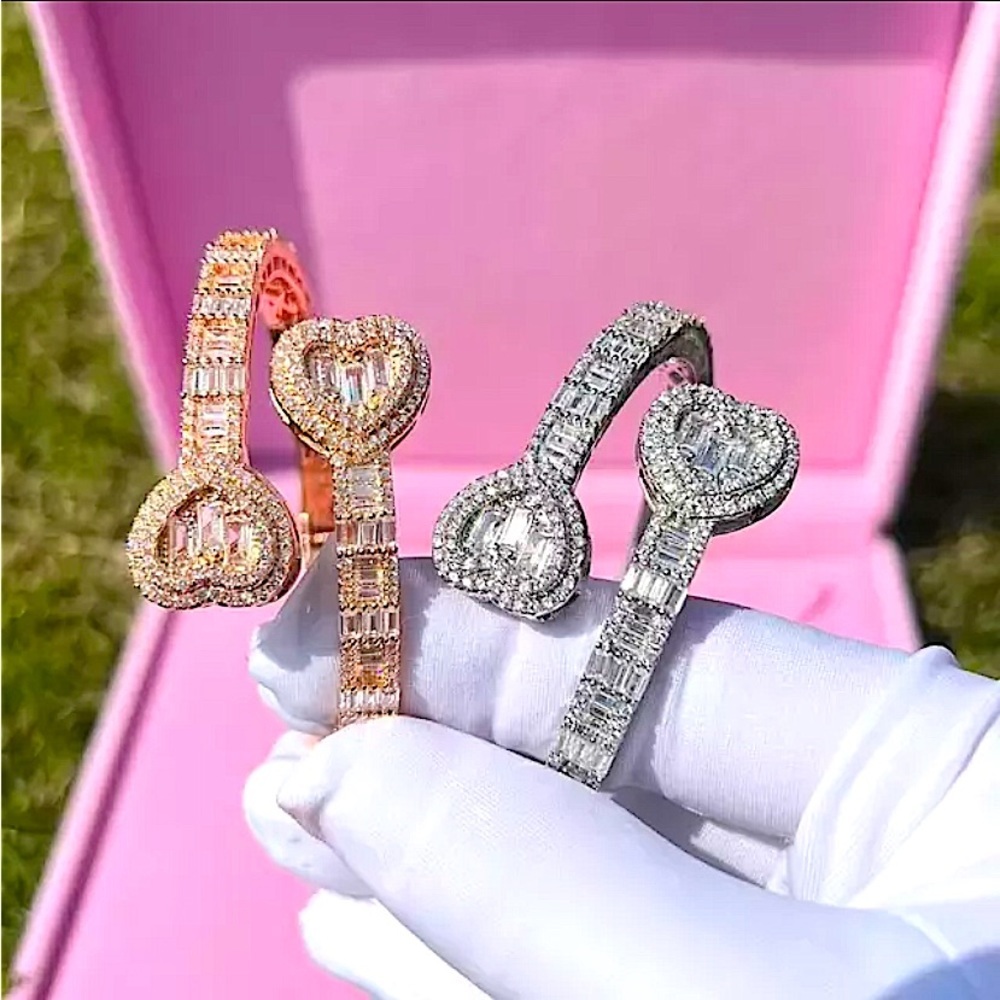 Open Heart Silver Baguette Iced Out Cubic Zircon Diamond Bangle Cuff Bra… - Picture 9 of 13